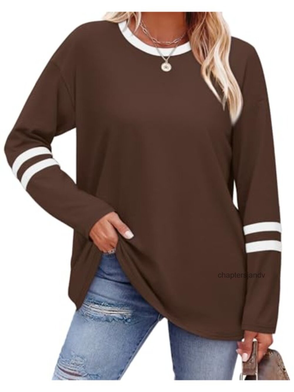 Long Sleeve Crew Neck Tunic Top Casual Athletic Striped Sleeve